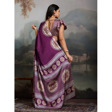 Women's Satin Crepe Printed Saree With Unstitched Blouse 5.5Mtr (Purple)