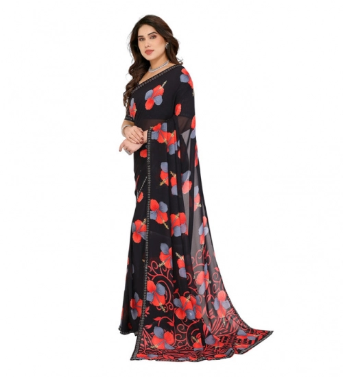 Generic Women's Georgette Printed Saree With Unstitched Blouse 5.5Mtr (Black)