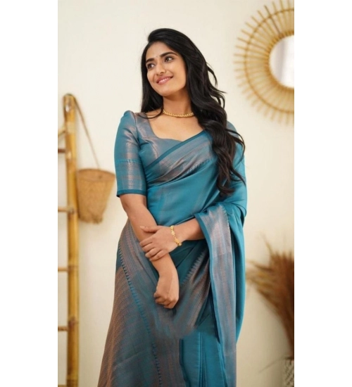 Generic Women's Litchi silk Printed Saree With Unstitched Blouse (Rama Blue)