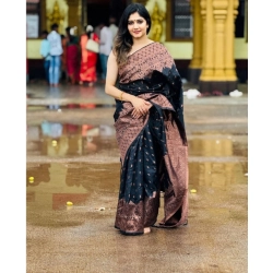 Generic Women's Soft Litchi Silk Jacquard Work Saree With Unstitched Blouse 5.5Mtr (Black)