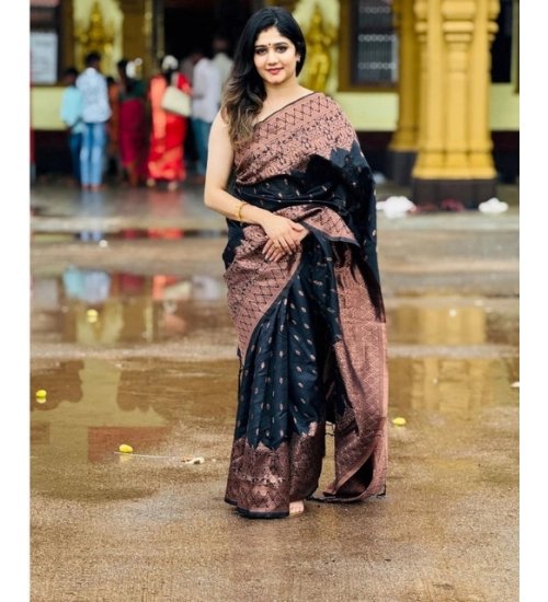 Generic Women's Soft Litchi Silk Jacquard Work Saree With Unstitched Blouse 5.5Mtr (Black)