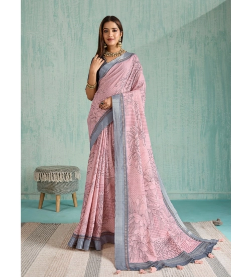 Generic Women's Silk Blend Printed Saree With Unstitched Blouse 5.5Mtr (Pink)