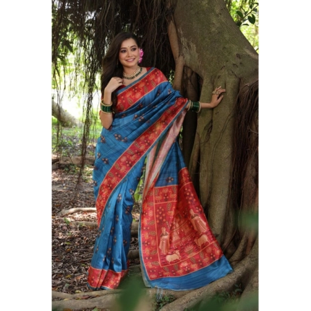 Generic Women's Faux_Tussar_Silk Printed Saree With Unstitched Blouse 5.5Mtr (Blue)