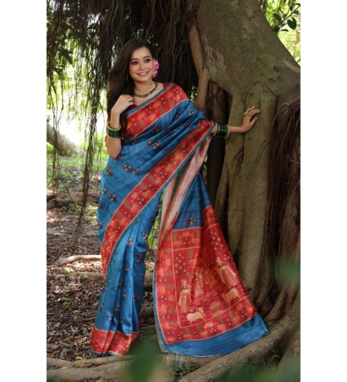 Generic Women's Faux_Tussar_Silk Printed Saree With Unstitched Blouse 5.5Mtr (Blue) Generic Women's Faux_Tussar_Silk Printed Saree With Unstitched Blouse 5.5Mtr (Blue)