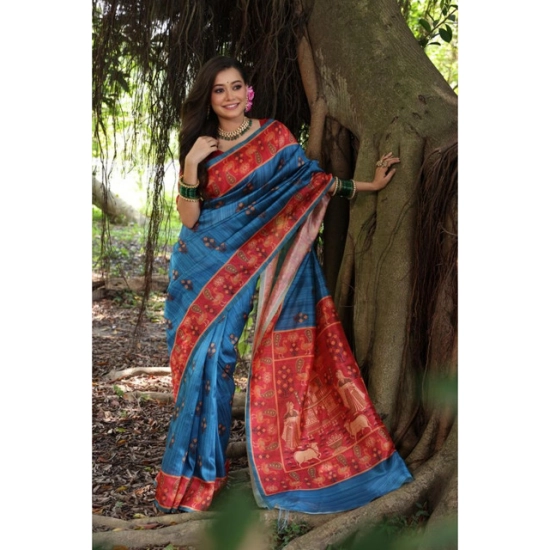 Generic Women's Faux_Tussar_Silk Printed Saree With Unstitched Blouse 5.5Mtr (Blue)