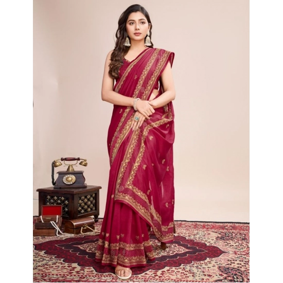 Generic Women's Vichitra Silk Embroidery Work Saree With Unstitched Blouse 5.5Mtr (Red)