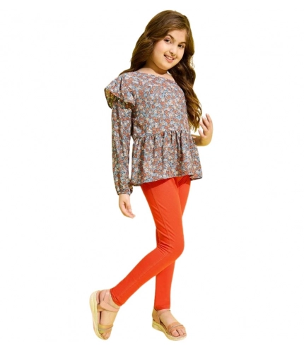 Generic Girl's Polyester Floral One Shoulder Jeggings Set (Grey-Orange)