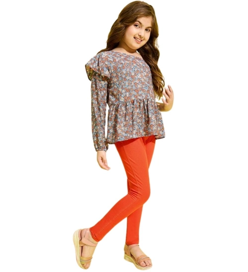 Generic Girl's Polyester Floral One Shoulder Jeggings Set (Grey-Orange)