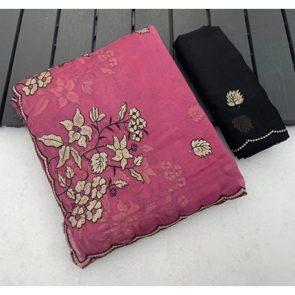 Generic Women's Viscose Silk Embroidered Saree With Unstitched Blouse 5.5Mtr (Pink)