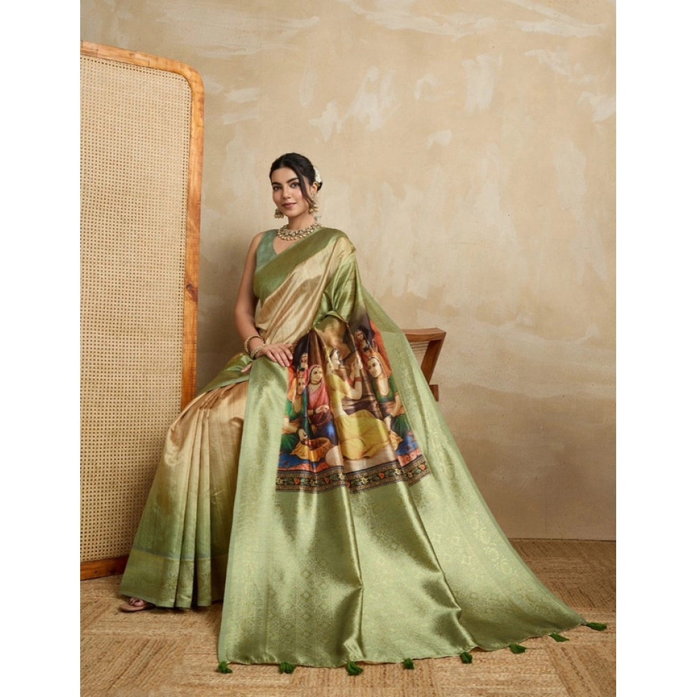 Generic Women's Silk Printed Saree With Unstitched Blouse 5.5Mtr (Mehendi)