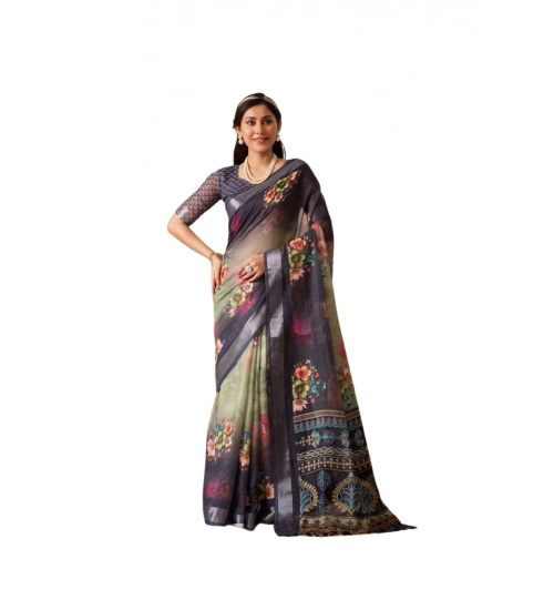 Generic Women's Faux_Linen Printed Saree With Unstitched Blouse 5.5Mtr (Navy_Blue)