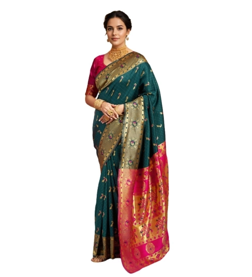 Generic Women's Silk Blend Zari Weaving Saree With Unstitched Blouse 5.5Mtr (Dark-Green)