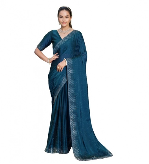 Generic Women's Rangoli Diamond Weaving - Stone Work Saree With Unstitched Blouse 5.5Mtr (Teal)