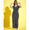 Generic Girl's Polyester Moss Floral Short Sleeves Jumpsuit (Navy-white)