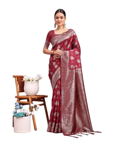 Generic Women's Banarasi Silk Printed Saree With Unstitched Blouse 5.5Mtr (Maroon)