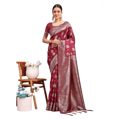 Generic Women's Banarasi Silk Printed Saree With Unstitched Blouse 5.5Mtr (Maroon)