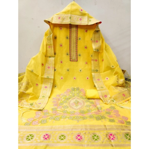 Women's Banarasi Silk Printed Unstitched Salwar Suit Material With Dupatta (Yellow, 3Mtrs) Women's Banarasi Silk Printed Unstitched Salwar Suit Material With Dupatta (Yellow, 3Mtrs)