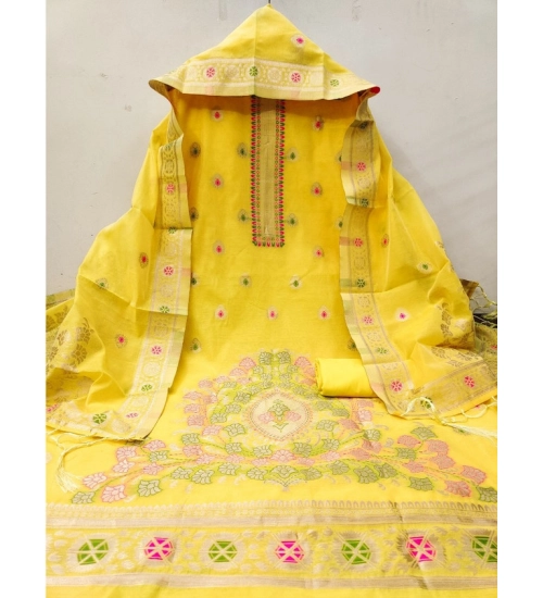 Generic Women's Banarasi Silk Printed Unstitched Salwar Suit Material With Dupatta (Yellow, 3Mtrs)