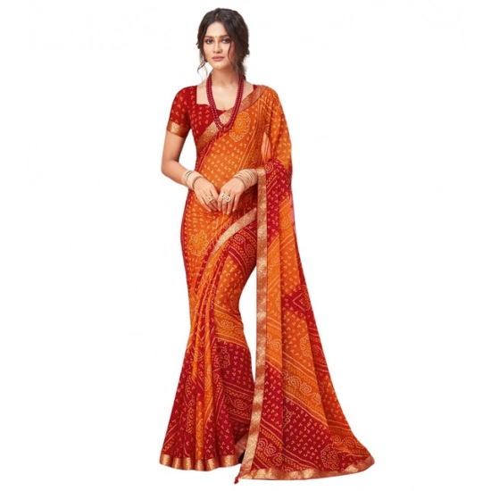 Generic Women's Georgette Bandhani Printed Saree With Unstitched Blouse 5.5Mtr (Orange-Red)