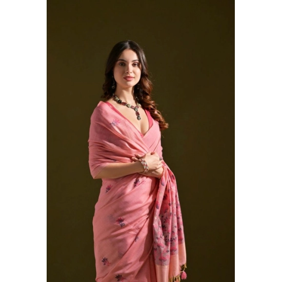 Generic Women's Blended_Cotton Floral Saree With Unstitched Blouse 5.5Mtr (Pink)