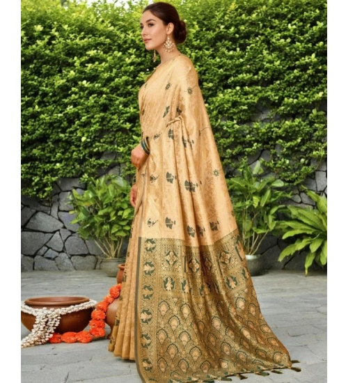Generic Women's Silk Blend Woven Paithani Saree With Unstitched Blouse 5.5Mtr (Cream)