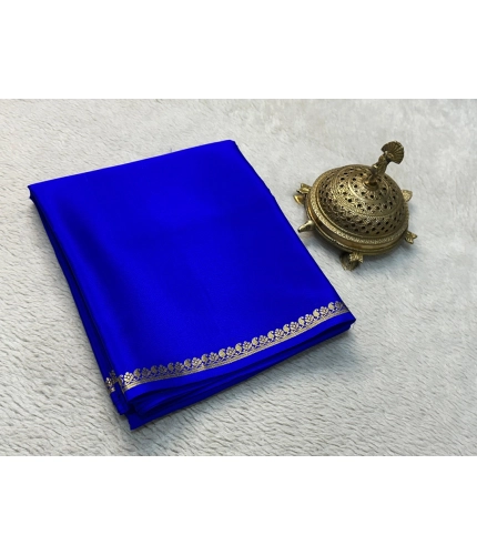 Generic Women's Crepe Chit Pallu Solid Saree With Unstitched Blouse 5.5Mtr (Blue)