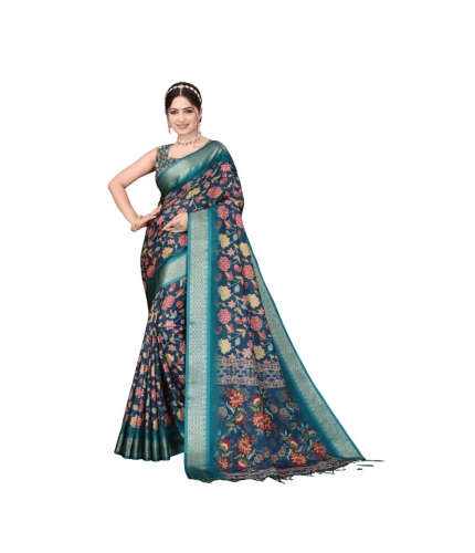 Generic Women's Cotton Silk  Printed Saree With Unstitched Blouse 5.5Mtr (Blue)