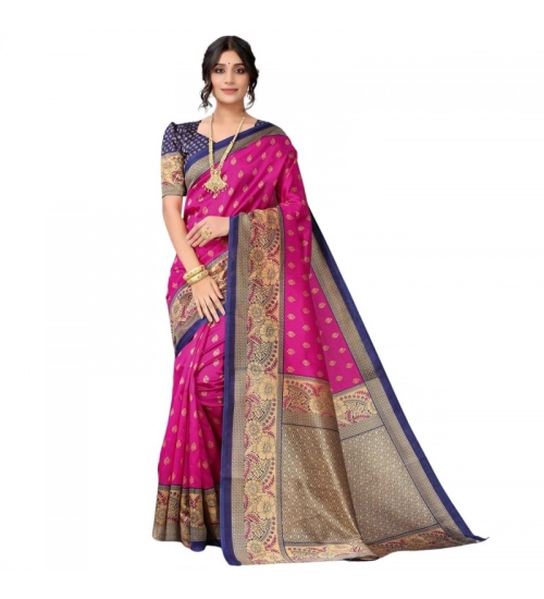 Generic Women's Litchi silk Printed Saree With Unstitched Blouse  5-6 Mtrs (Pink)