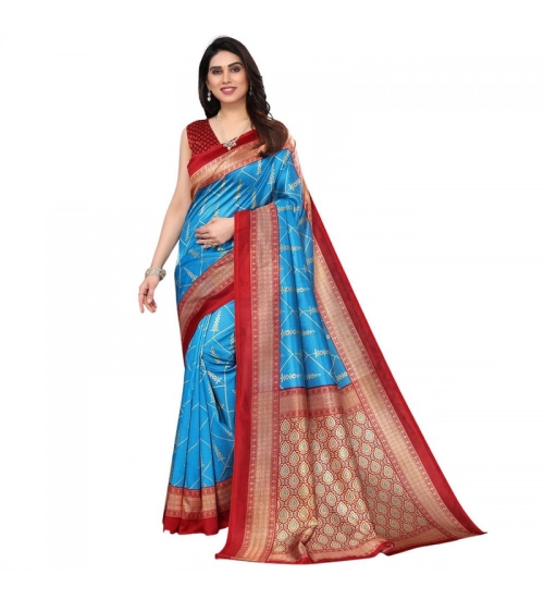 Generic Women's Litchi silk Printed Saree With Unstitched Blouse  5-6 Mtrs (Blue)