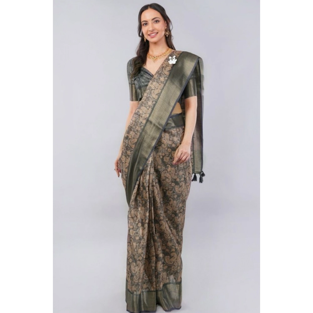 Women's Polyester Printed Ready To Wear Saree With Unstitched Blouse 5.5 Mtr (Grey)
