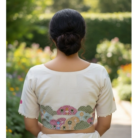 Generic Women's Cambric Cotton Round Neck Padded Blouse (White, 38 Ready Size (Self-Alterable 36–40)