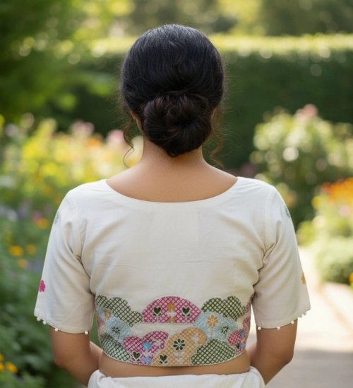 Generic Women's Cambric Cotton Round Neck Padded Blouse (White, 38 Ready Size (Self-Alterable 36–40)