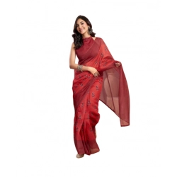 Generic Women's Faux_Linen Printed Ready-to-Wear Saree With Unstitched Blouse 5.5 Mtr (Red)