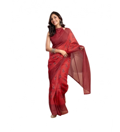 Generic Women's Faux_Linen Printed Ready-to-Wear Saree With Unstitched Blouse 5.5 Mtr (Red)