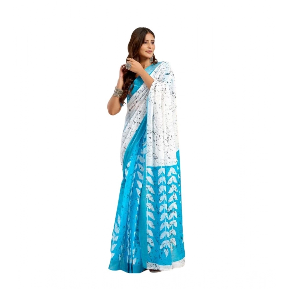 Generic Women's Linen Cotton Printed Ready To Wear Saree With Unstitched Blouse 5.5 Mtr (Sky_Blue)