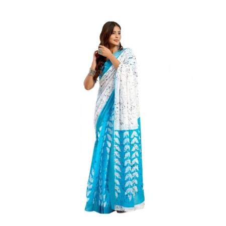 Generic Women's Linen Cotton Printed Ready To Wear Saree With Unstitched Blouse 5.5 Mtr (Sky_Blue)