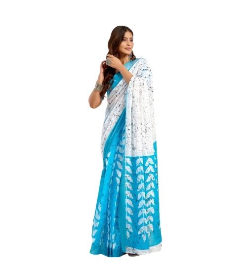 Generic Women's Linen Cotton Printed Ready To Wear Saree With Unstitched Blouse 5.5 Mtr (Sky_Blue)