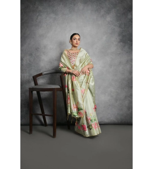 Generic Women's Cotton Printed Saree With Unstitched Blouse 5.5 Mtr (Green)