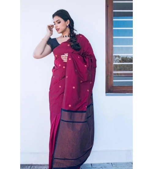 Generic Women's Litchi silk Printed Saree With Unstitched Blouse (Red)