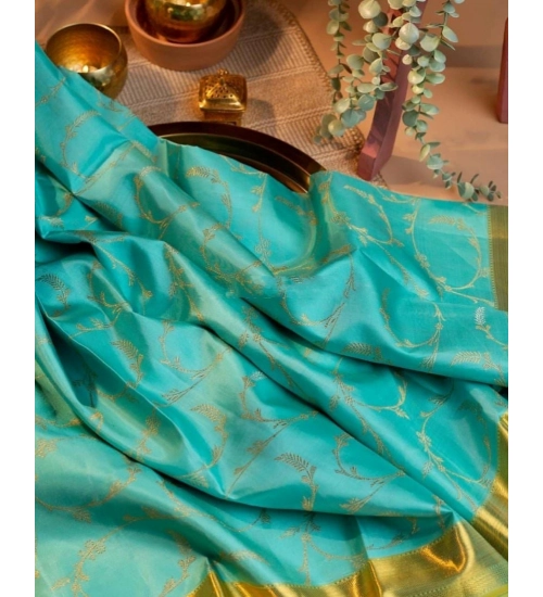 Generic Women's Soft Litchi Silk Jacquard Work Saree With Unstitched Blouse 5.5Mtr (Sky Blue)