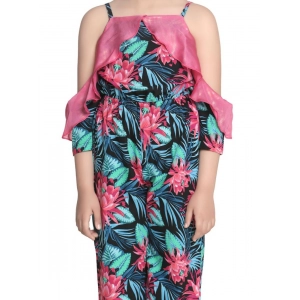 Generic Girl's Polyester Floral Cold Shoulder Jumpsuit (Pink)