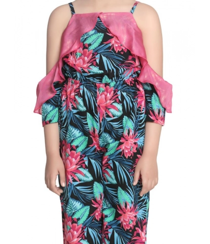 Generic Girl's Polyester Floral Cold Shoulder Jumpsuit (Pink)