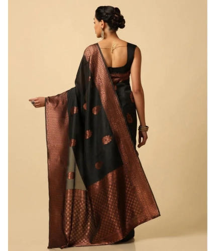 Generic Women's Soft Lichi Silk Printed Saree With Unstitched Blouse 5.5Mtr (Black)