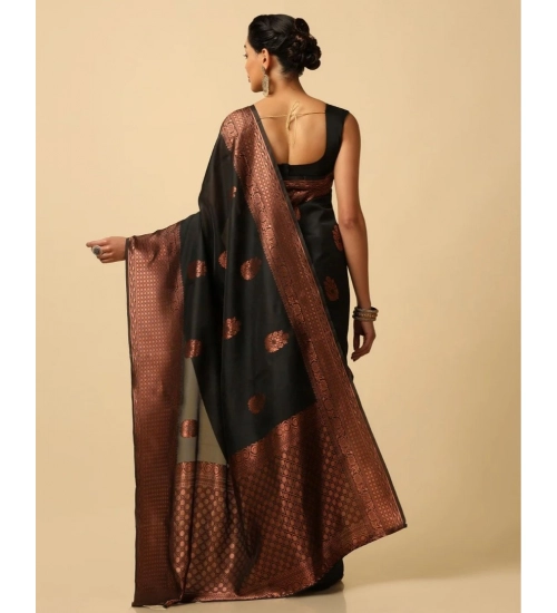 Generic Women's Soft Lichi Silk Printed Saree With Unstitched Blouse 5.5Mtr (Black)