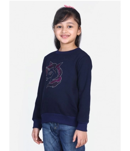 Generic Girl's Fleece Embellished Long Sleeves Sweatshirt (Navy Blue)