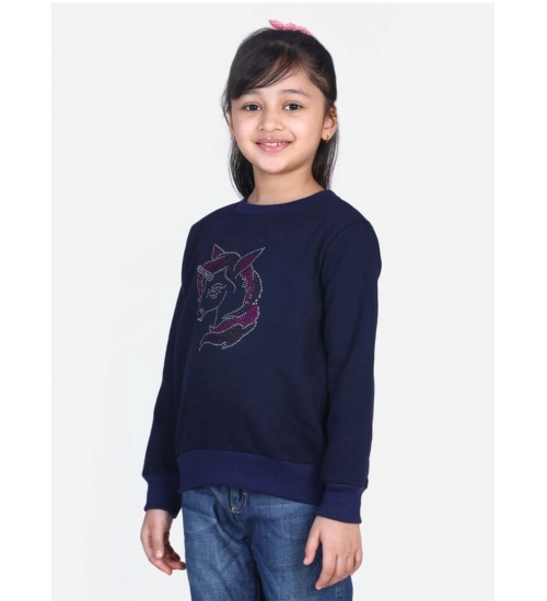 Generic Girl's Fleece Embellished Long Sleeves Sweatshirt (Navy Blue)