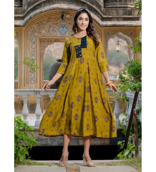 Generic Women's Rayon Print With Embroidery Work A-Line Kurti (Mehendi)