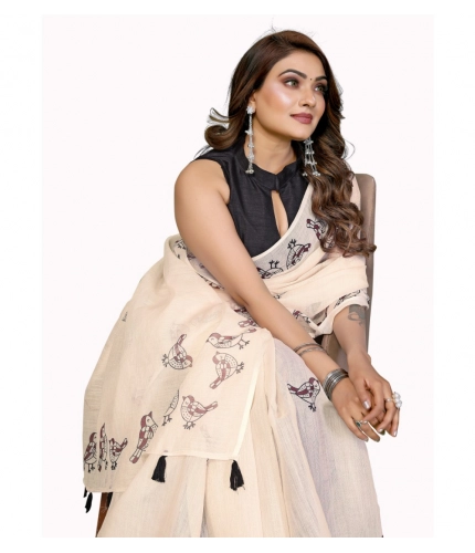 Generic Women's Linen Cotton Printed Saree With Unstitched Blouse 5.5Mtr (Off White)