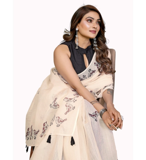 Generic Women's Linen Cotton Printed Saree With Unstitched Blouse 5.5Mtr (Off White)