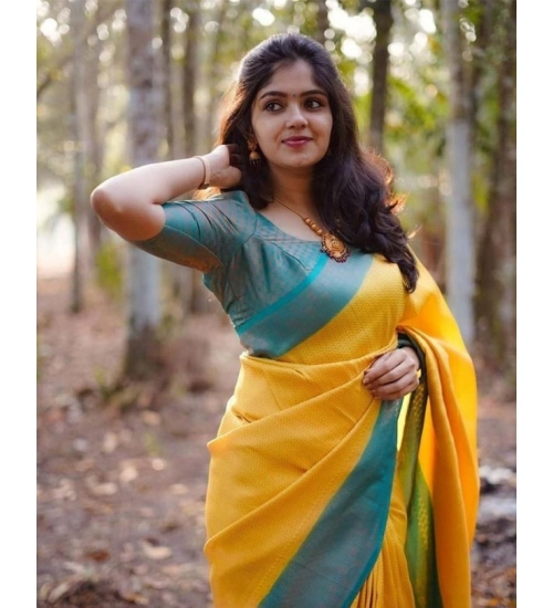 Generic Women's Litchi silk Printed Saree With Unstitched Blouse (Yellow)
